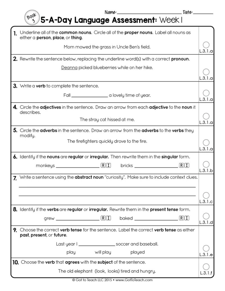 3rd Grade Weekly GRAMMAR Assessments Language Quizzes Test Prep — Image 2
