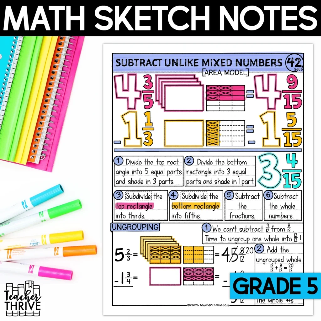 5th Grade Math Subtract Mixed Numbers Unlike Denominators Area Model