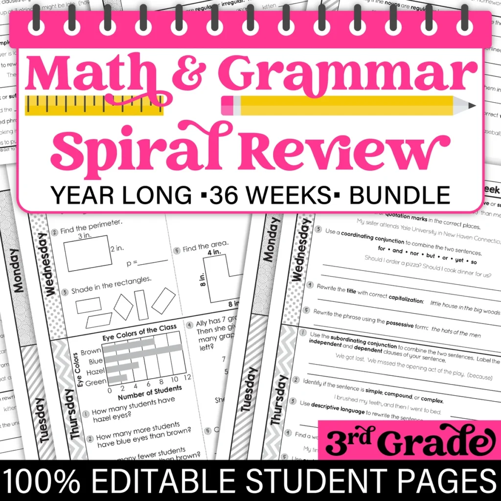 3rd Grade Daily MATH and GRAMMAR Spiral Review Bundle Test Prep