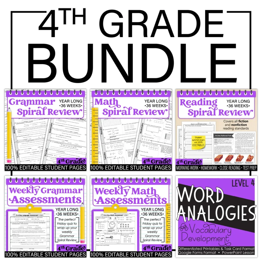 Fourth Grade Bundle: Language, Grammar, Math, and Reading