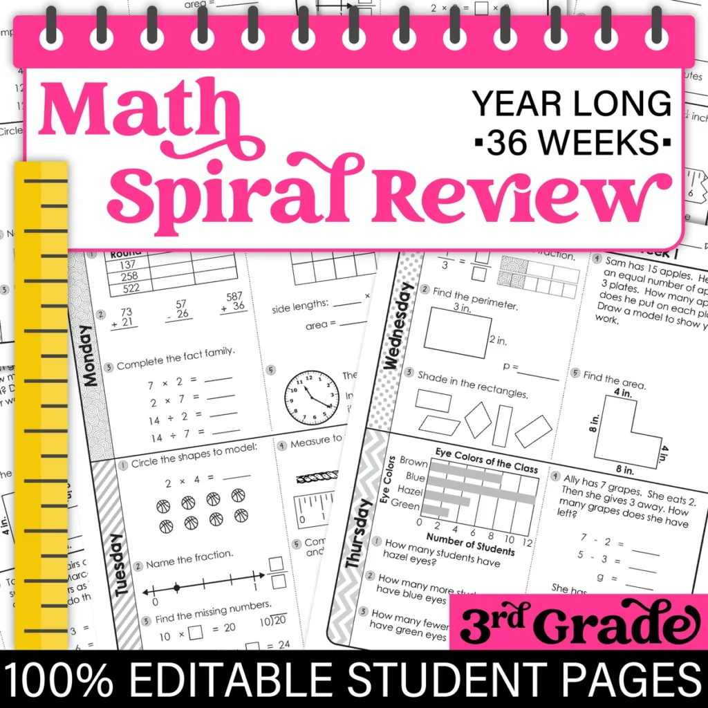 3rd Grade MATH Daily Spiral Review Morning Work [Editable] Test Prep