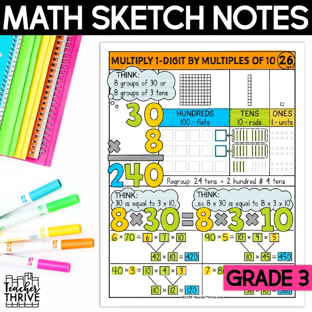 3rd Grade Math Multiply 1-Digit by Multiples of 10 Sketch Notes Doodle Page