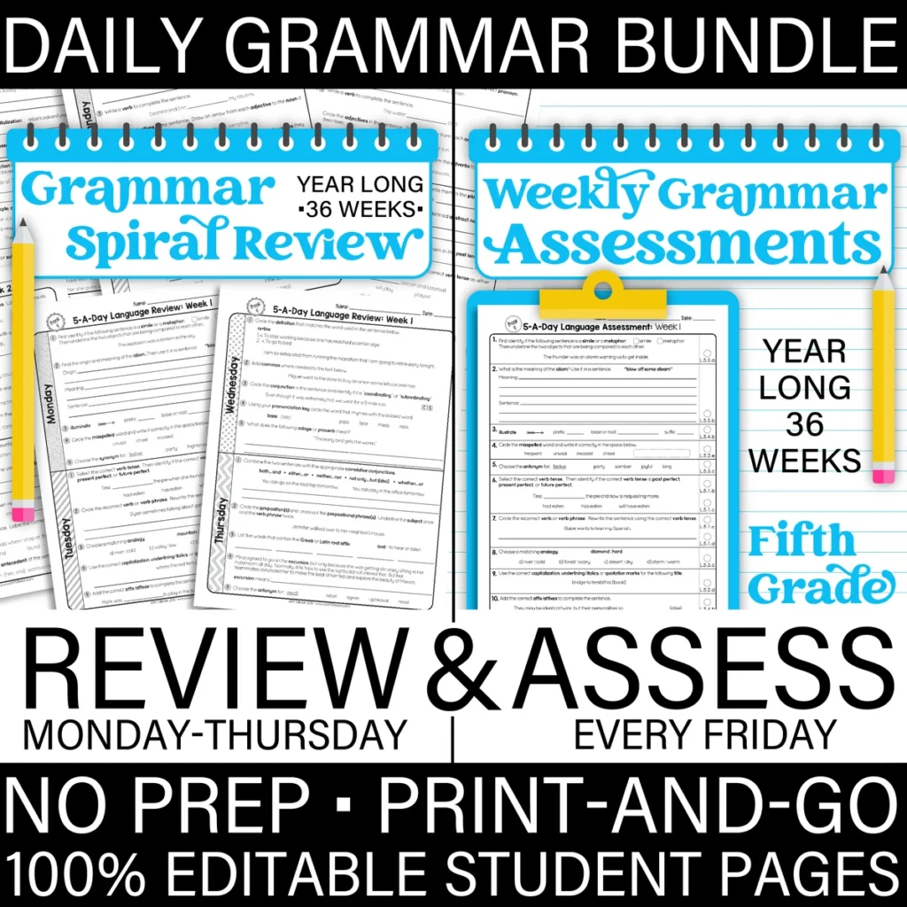 5th Grade GRAMMAR Spiral Review & Weekly Assessment BUNDLE [PRINTABLE] Test Prep