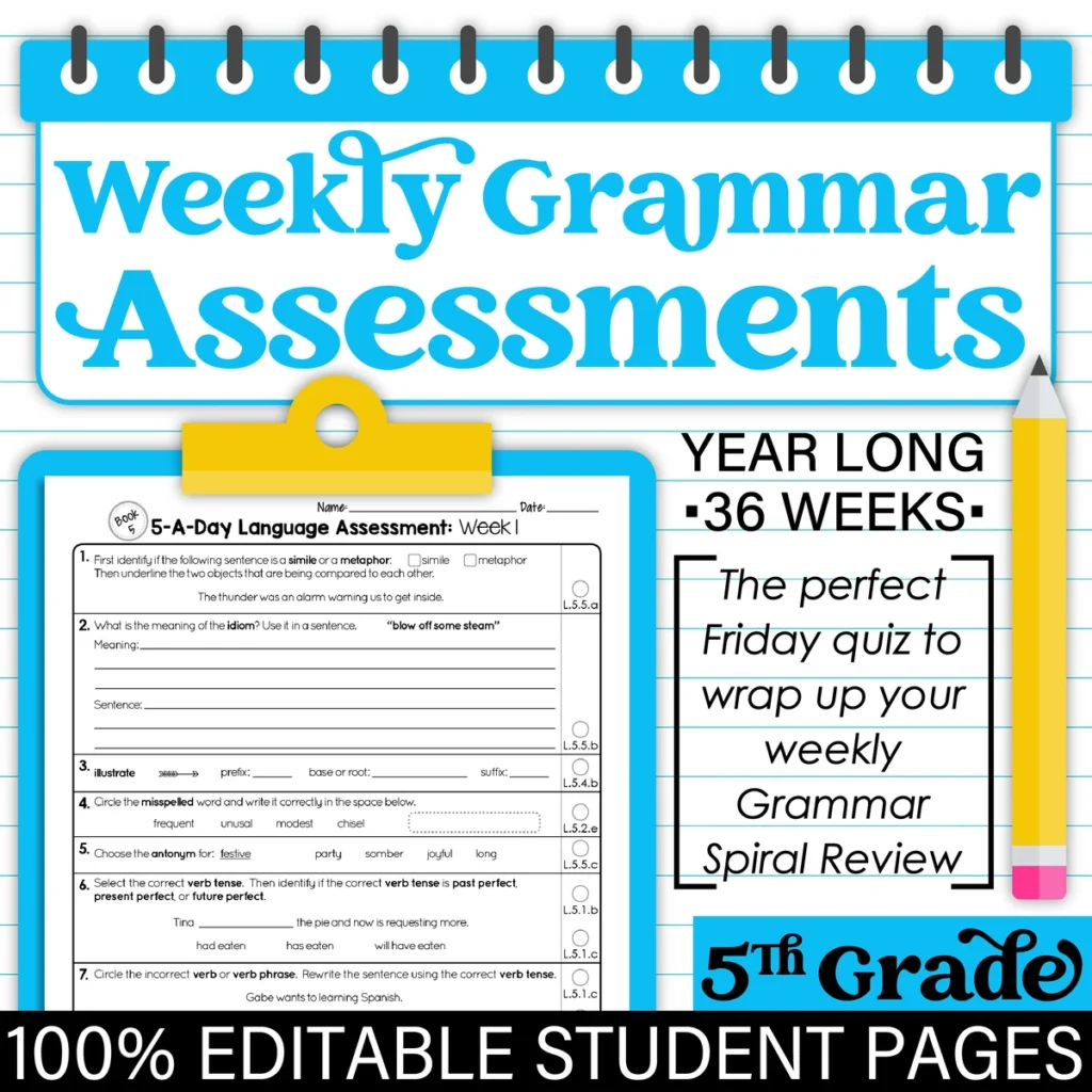 5th Grade GRAMMAR Spiral Review & Weekly Assessment BUNDLE [PRINTABLE] Test Prep — Image 3