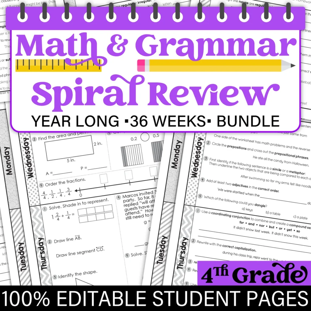 4th Grade Daily MATH and GRAMMAR Spiral Review Bundle Test Prep