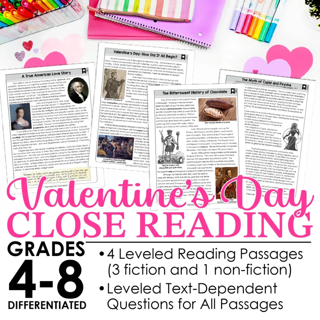 Close Reading Passages for Valentine's Day Reading Comprehension [Grades 4-8]