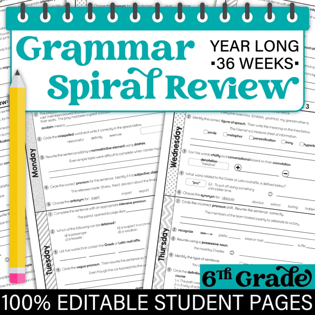 6th Grade Daily GRAMMAR Language Spiral Review Morning Work [Editable] Test Prep