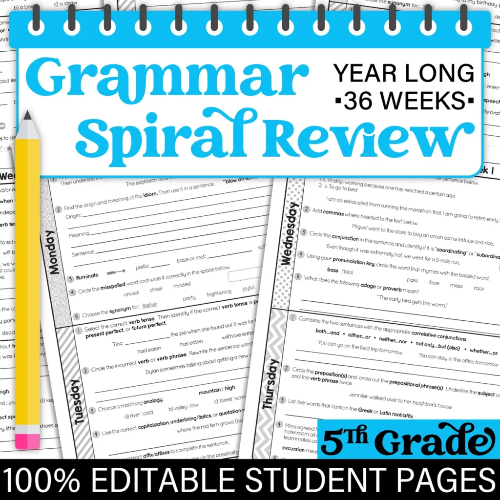 5th Grade Daily GRAMMAR Language Spiral Review Morning Work [Editable] Test Prep