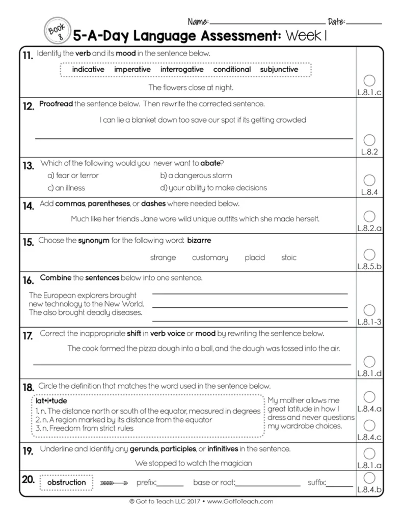 8th Grade Weekly Language Assessments Grammar Quizzes Editable Test Prep — Image 3