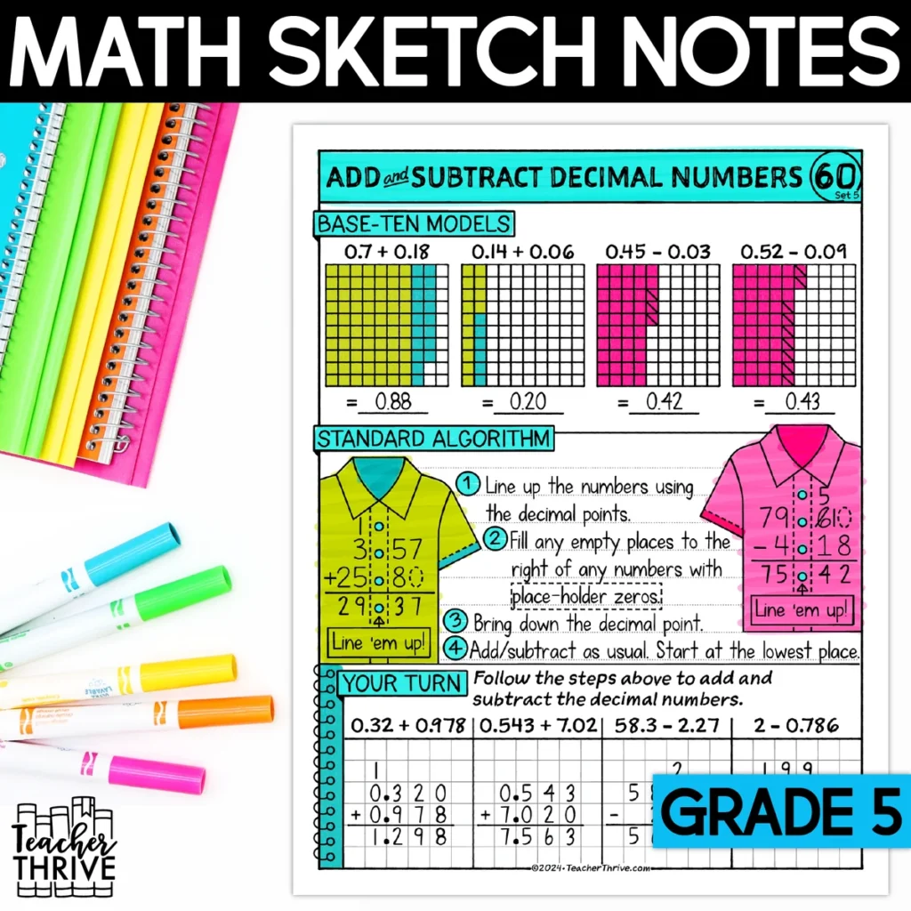 5th Grade Math Add and Subtract Decimal Numbers Doodle Page Sketch Notes