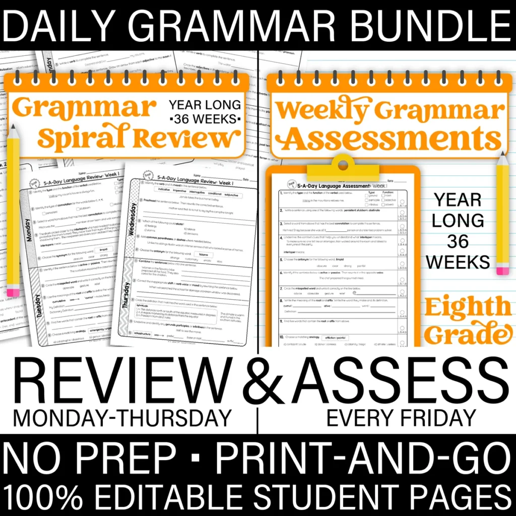 8th Grade GRAMMAR Spiral Review & Weekly Assessment BUNDLE [PRINTABLE] Test Prep