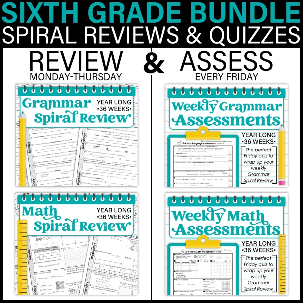 6th Grade Daily MATH & GRAMMAR Spiral Review & Assessment BUNDLE Test Prep