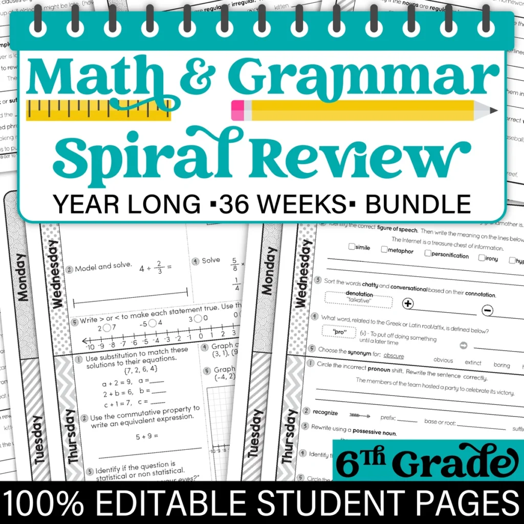 6th Grade Daily MATH and GRAMMAR Spiral Review Bundle Test Prep