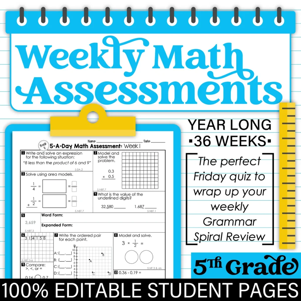 5th Grade MATH Spiral Review & Weekly Assessments Quizzes [PRINTABLE] Test Prep — Image 3