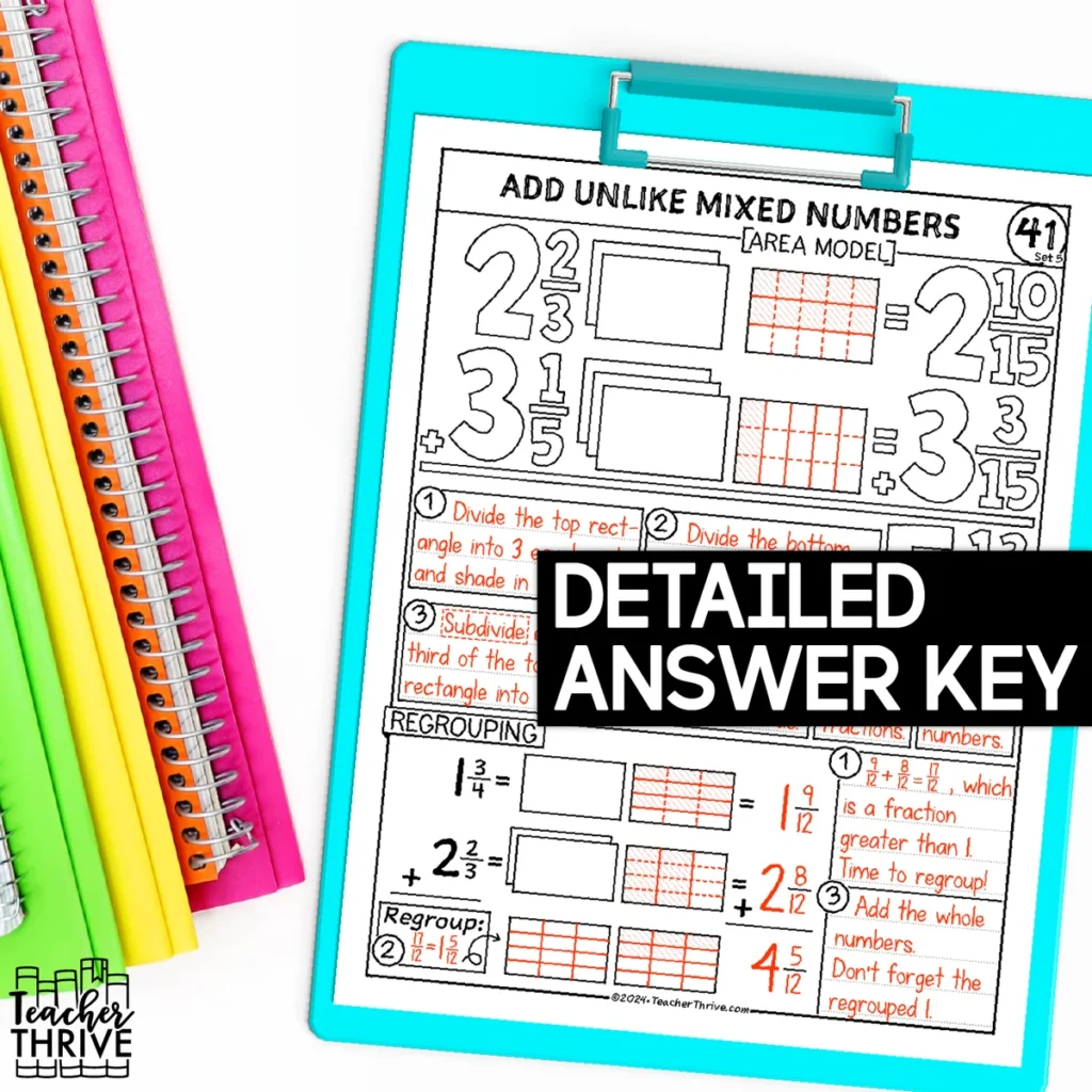 5th Grade Math Add Mixed Numbers Unlike Denominators Area Model Sketch Notes — Image 3