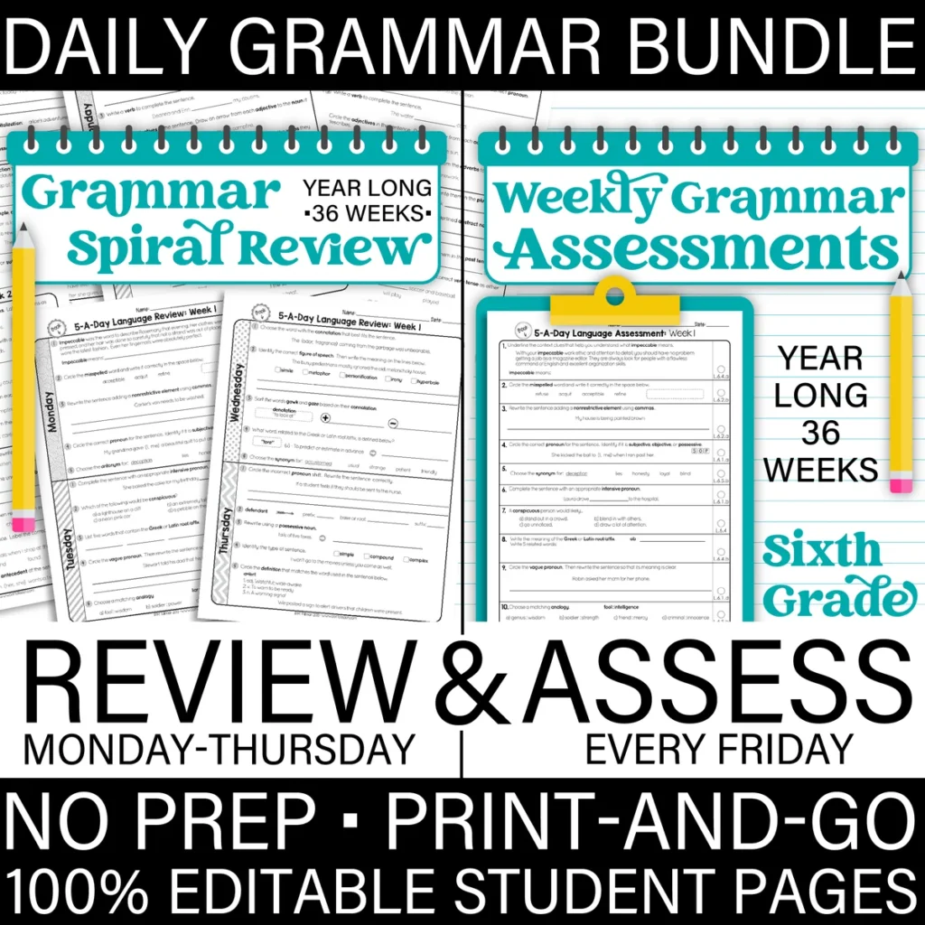 6th Grade GRAMMAR Spiral Review & Weekly Assessment BUNDLE [PRINTABLE] Test Prep