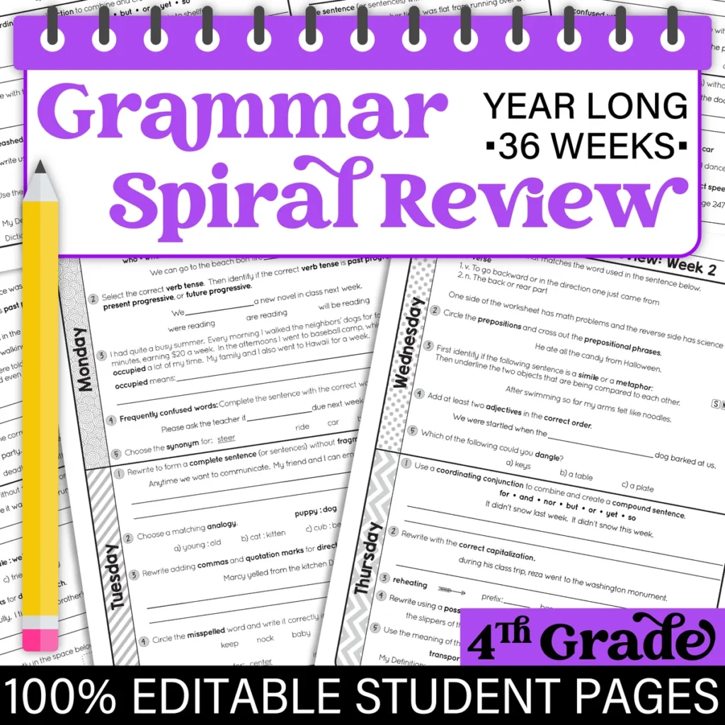4th Grade Daily GRAMMAR Language Spiral Review Morning Work [Editable] Test Prep