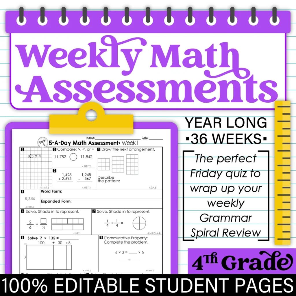 4th Grade MATH Weekly Assessments Math Quizzes [Editable] Test Prep