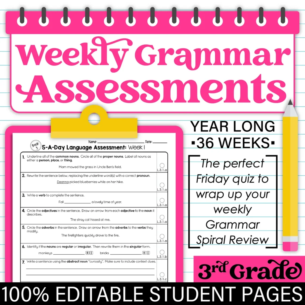 3rd Grade Weekly GRAMMAR Assessments Language Quizzes Test Prep