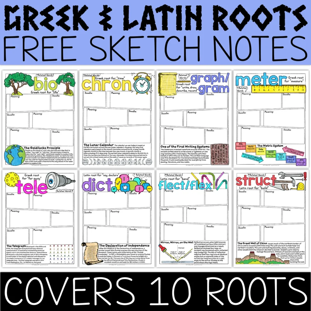 FREE Greek and Latin Roots Sketch Notes Morphology