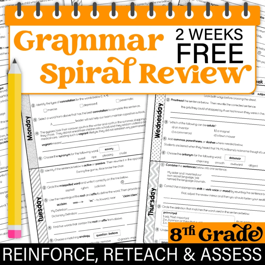 8th Grade Daily Language Spiral Review - 2 Weeks FREE
